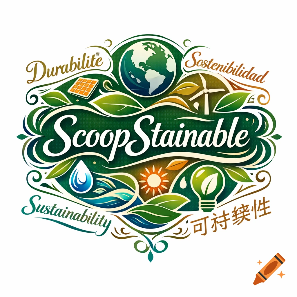 A vibrant, stylized logo for 'ScoopStainable' featuring Earth, leaves, solar panels, a wind turbine, a lightbulb, a water drop, and text in multiple languages.