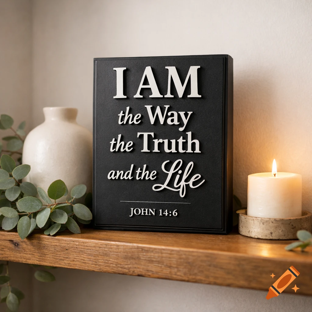 A black Christian plaque with white text 'I AM the Way the Truth and the Life John 14:6' on a wooden shelf with a lit candle, vase, and eucalyptus.
