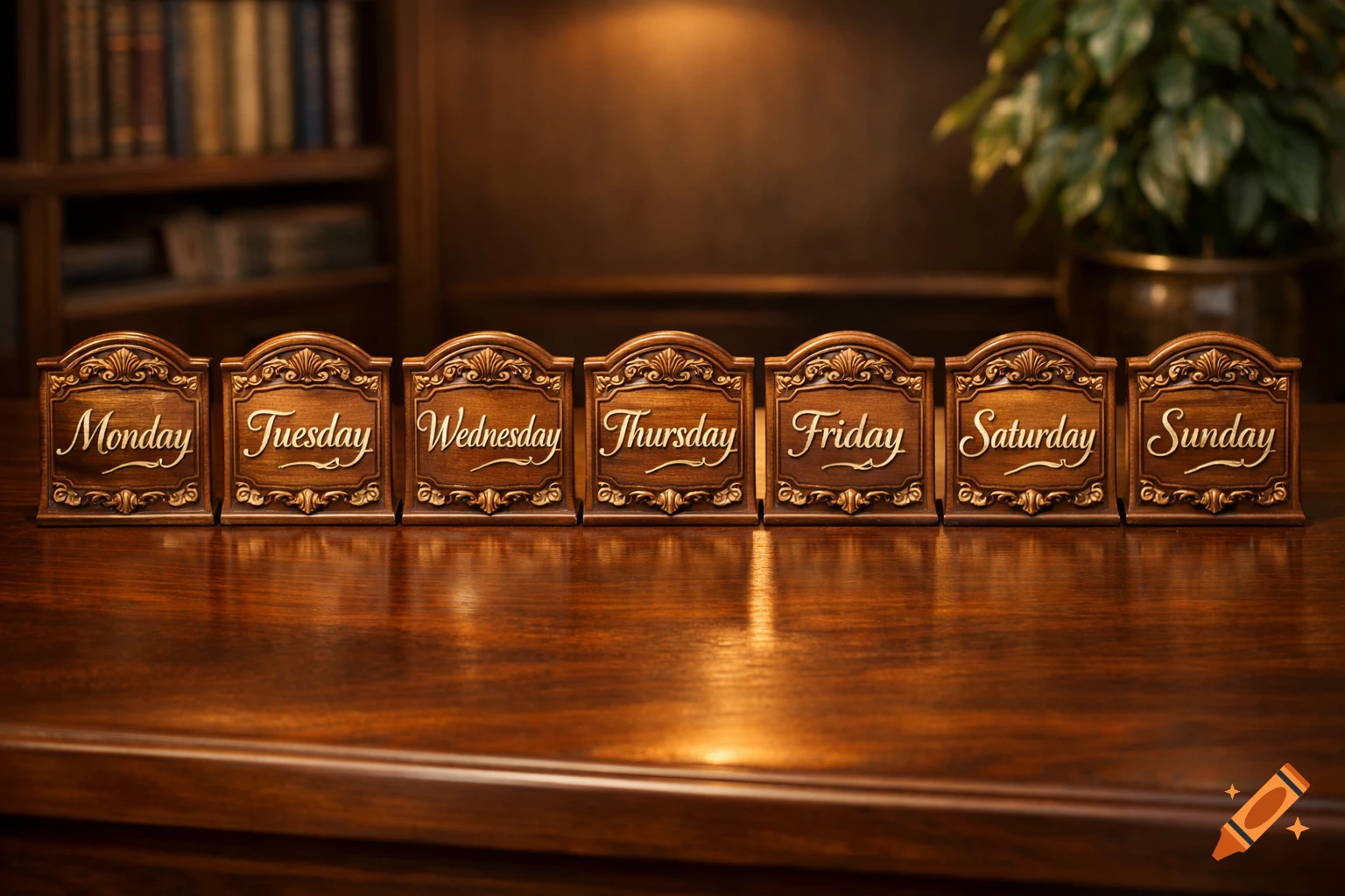 Seven ornate wooden plaques, each carved with a day of the week, arranged on a polished wooden desk in a library.