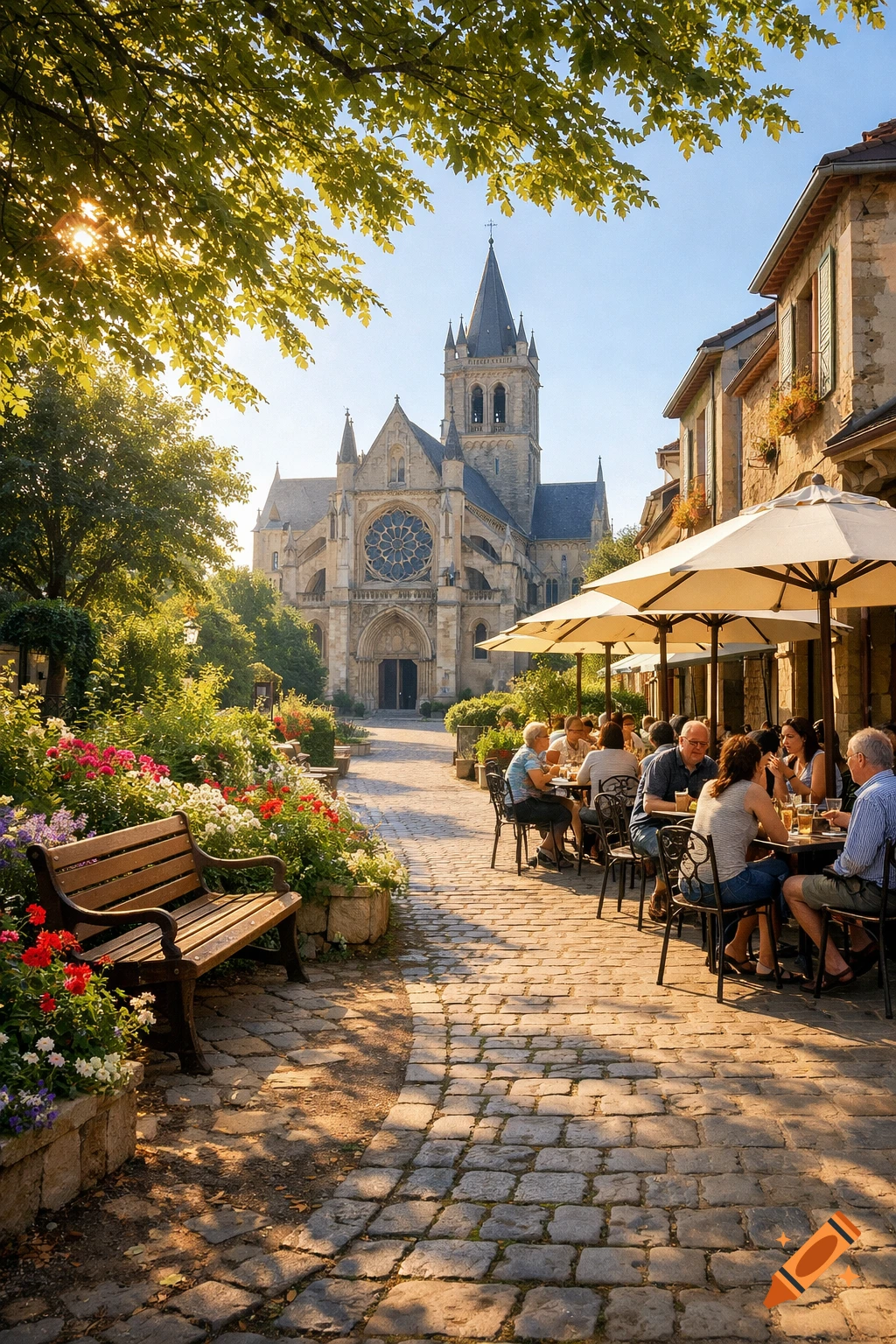 Sunlit European street scene with a historic church, outdoor cafe, and lush garden with a bench.