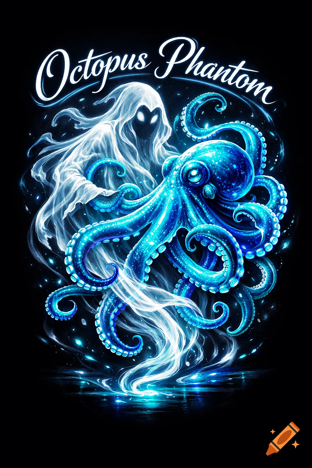 Glowing neon blue octopus intertwined with a white spectral ghost on a dark background, with 'Octopus Phantom' text. Stylized graphic.
