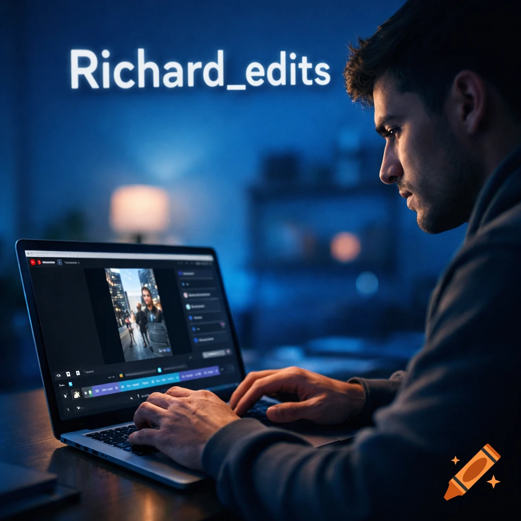 A man intensely edits a video on a laptop in a dimly lit blue room, with glowing text 'Richard_edits' above his head.
