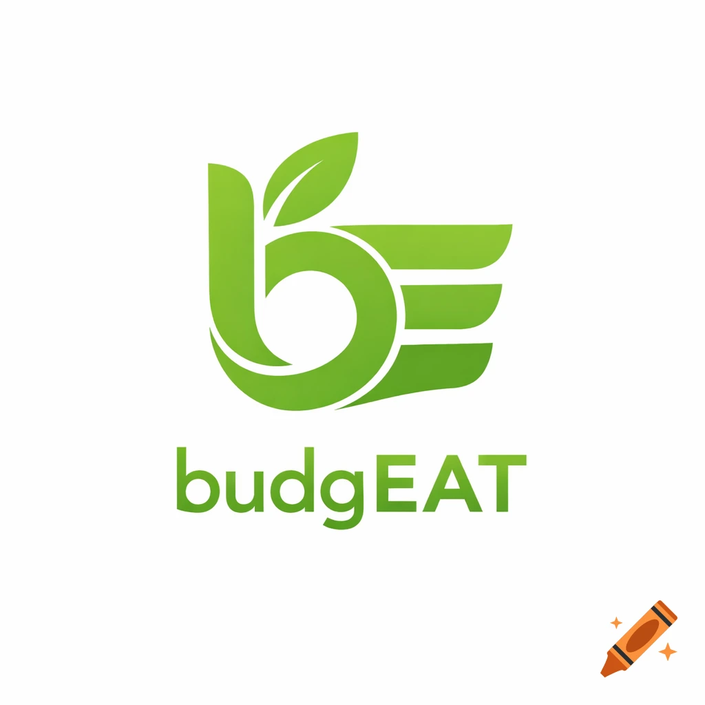 A minimalist apple green logo with a stylized 'b' and leaf merging into an 'E' formed by three lines, with 'budgEAT' text below.