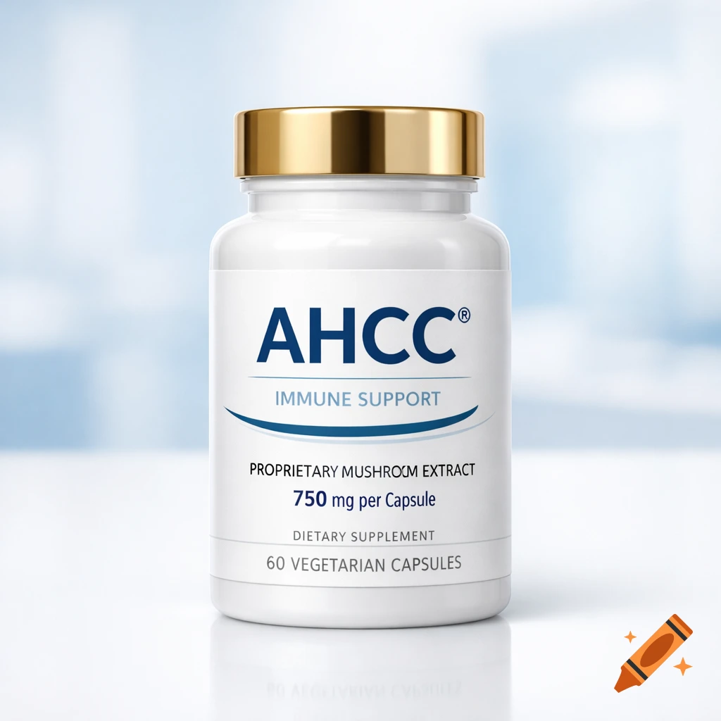 Professional product photo of an AHCC immune support supplement bottle with a gold cap on a clinical white and blue background.