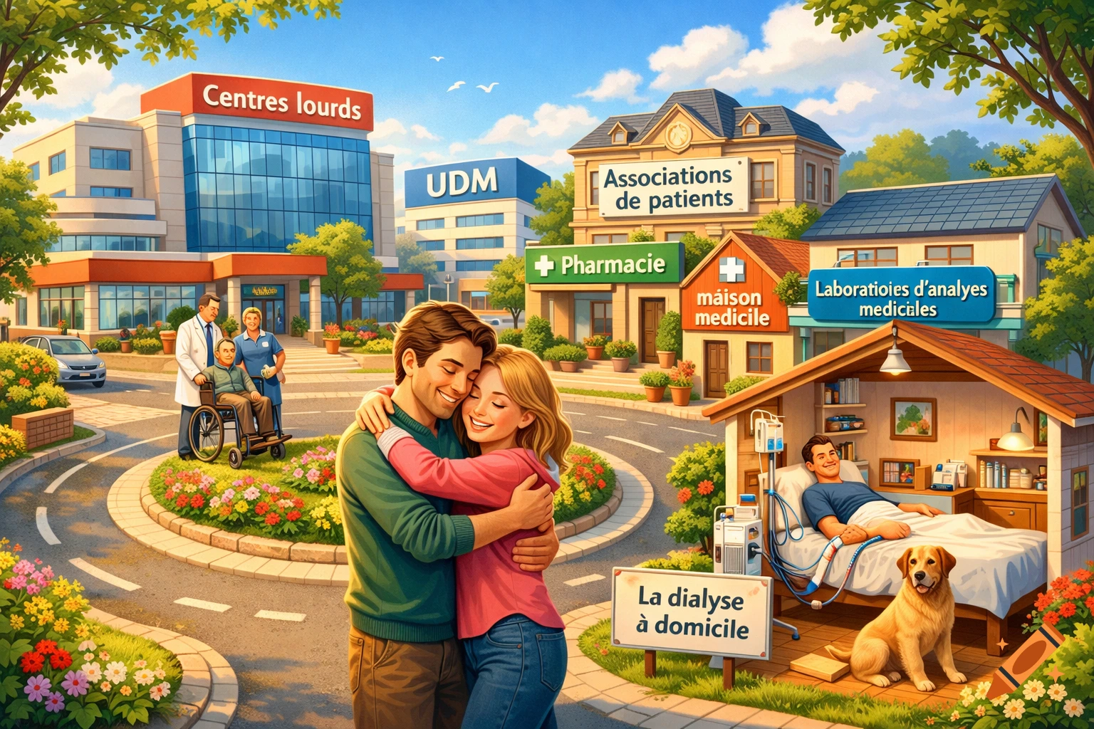Cartoon illustration of a medical village with a happy couple hugging, healthcare facilities, and a man receiving home dialysis with his dog.