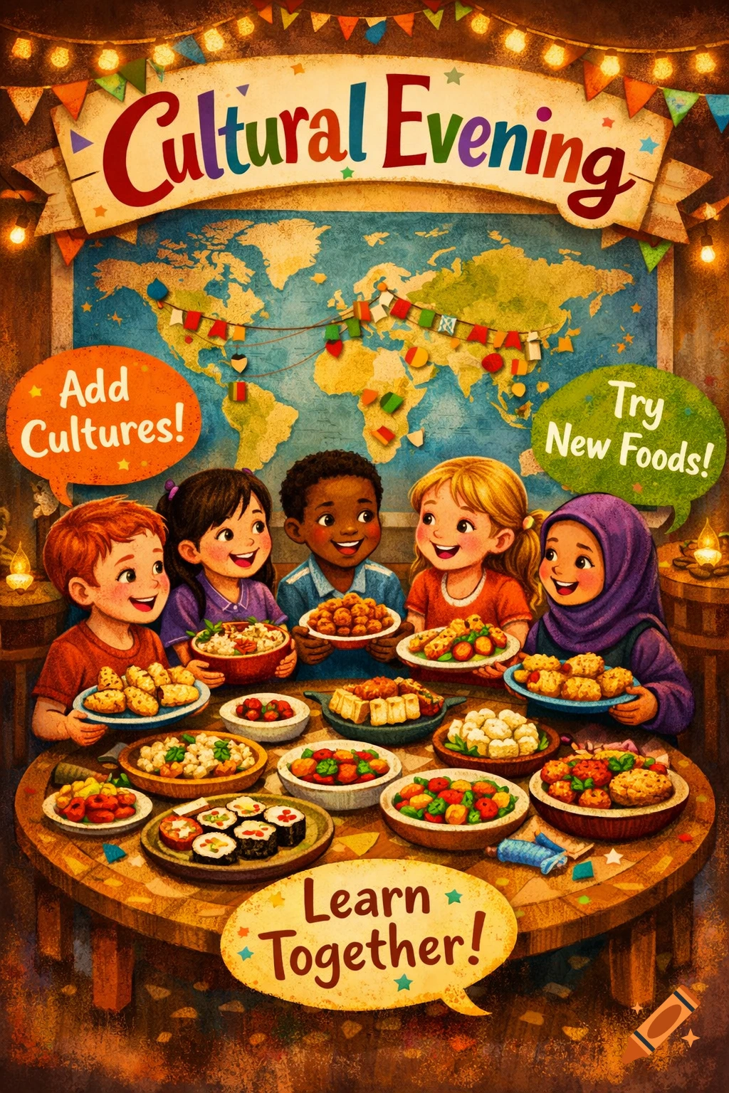Colorful illustration of diverse children smiling, sharing food around a table under a 'Cultural Evening' banner with a world map.