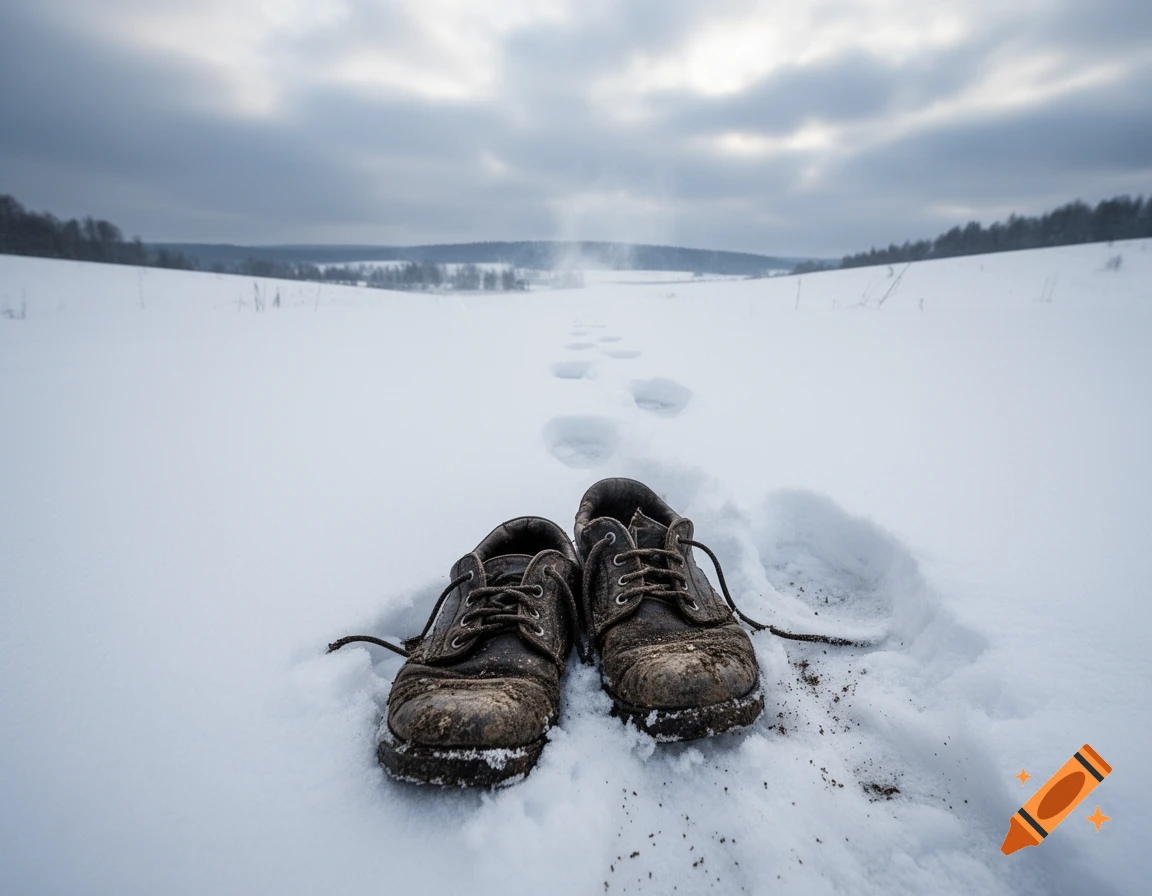 A pair of muddy, dark shoes sits in fresh snow with faint footprints leading into a vast, cloudy winter landscape under a grey sky.