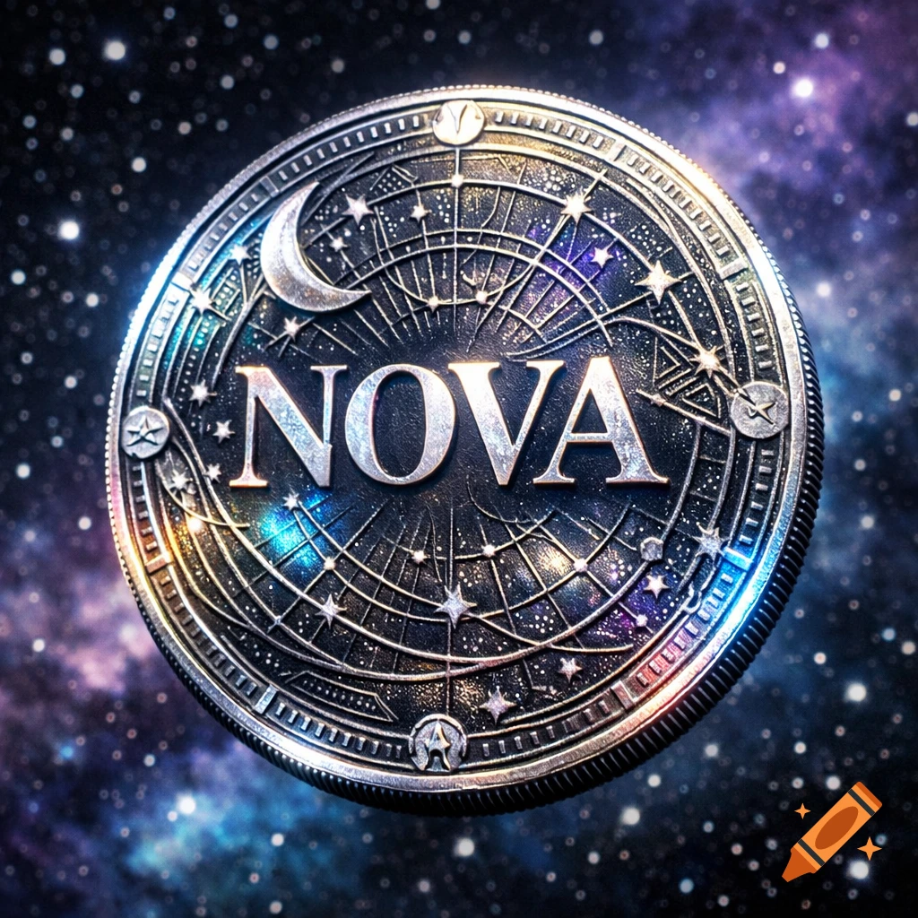 A detailed, metallic cosmic coin with celestial carvings and the word "NOVA" floats in a starry nebula background.