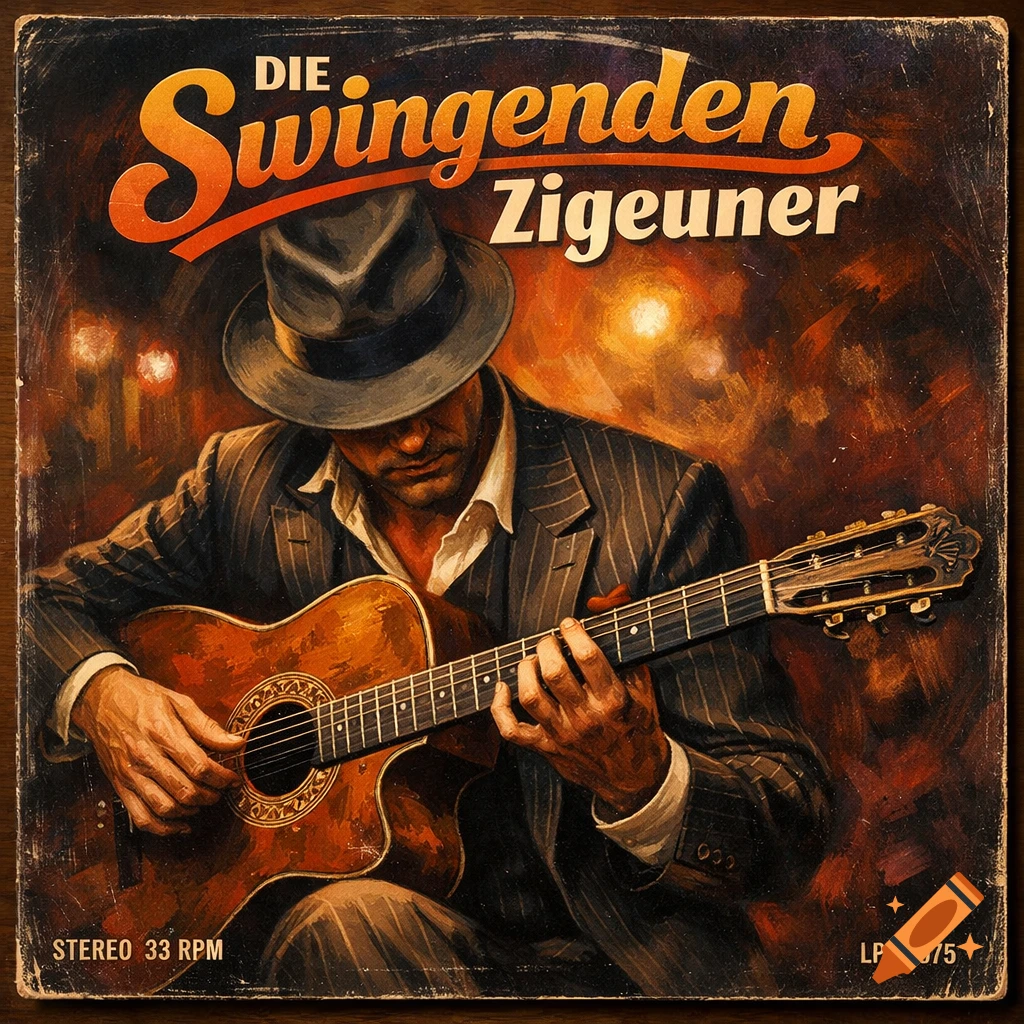 Vintage painted album cover of a man in a hat and pinstripe suit playing a classical guitar. Text reads 'DIE Swingenden Zigeuner'.