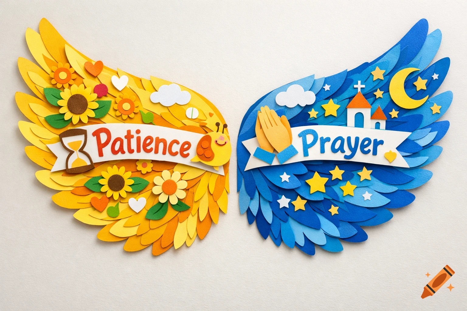 Colorful papercraft of two wings, one yellow with 'Patience' and an hourglass, and one blue with 'Prayer', praying hands, and a church.
