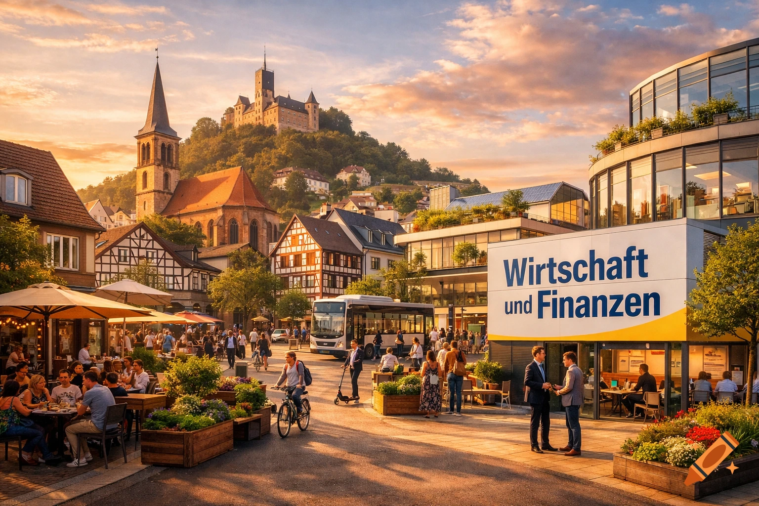 A vibrant European town square at sunset, featuring a castle on a hill, traditional buildings, modern offices, and people dining and walking.