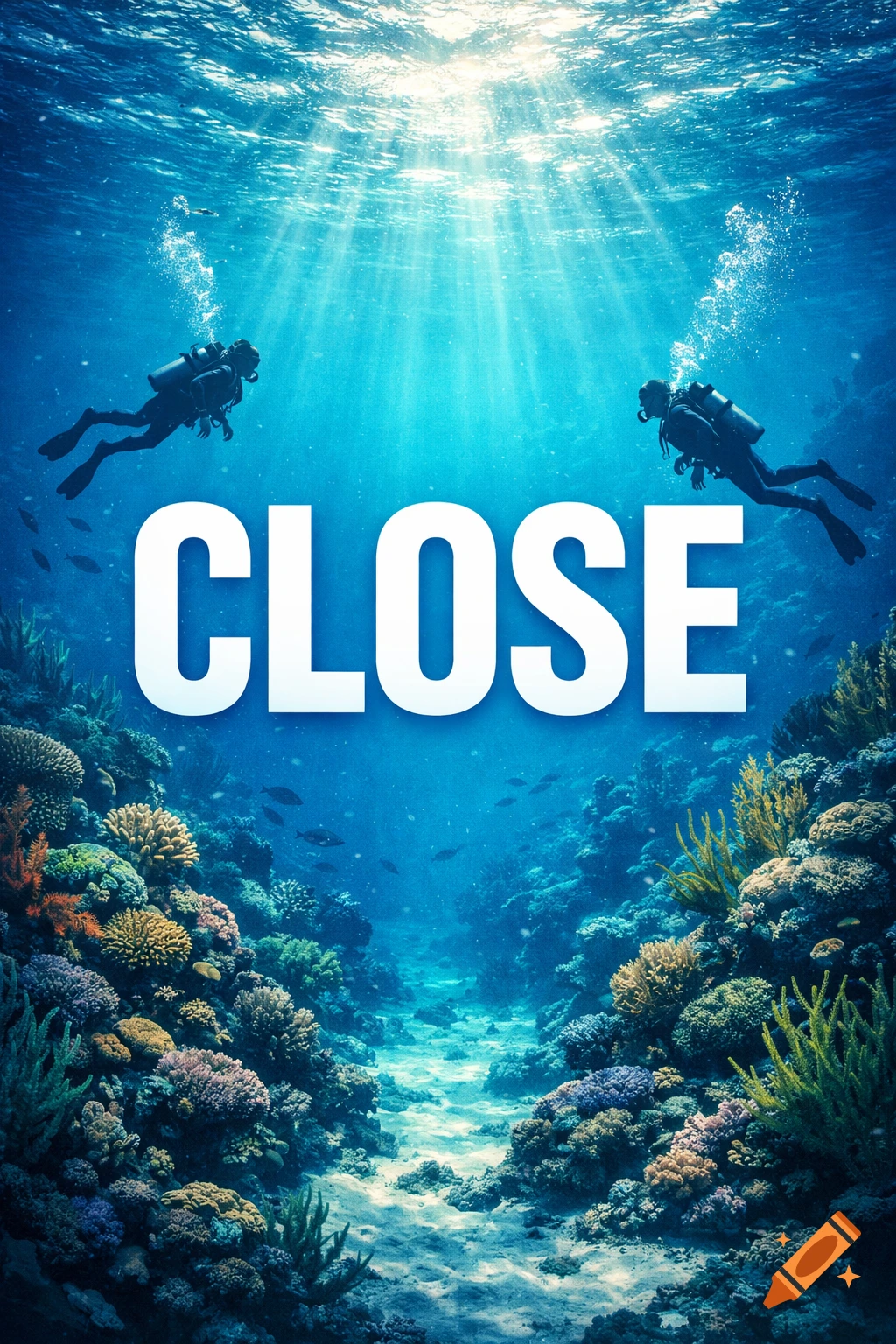 Two divers swim above a vibrant coral reef in clear blue water with sun rays, featuring the word 'CLOSE'.