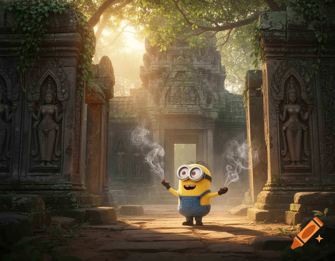 A Minion holds smoking sparklers on a sunlit stone path in front of ancient, overgrown Cambodian temple ruins, photorealistic style.