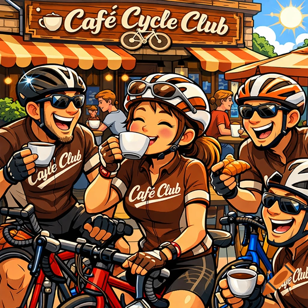 Animated cartoon of cyclists in brown jerseys enjoying coffee at an outdoor cafe with a "Café Cycle Club" sign under a sunny sky.