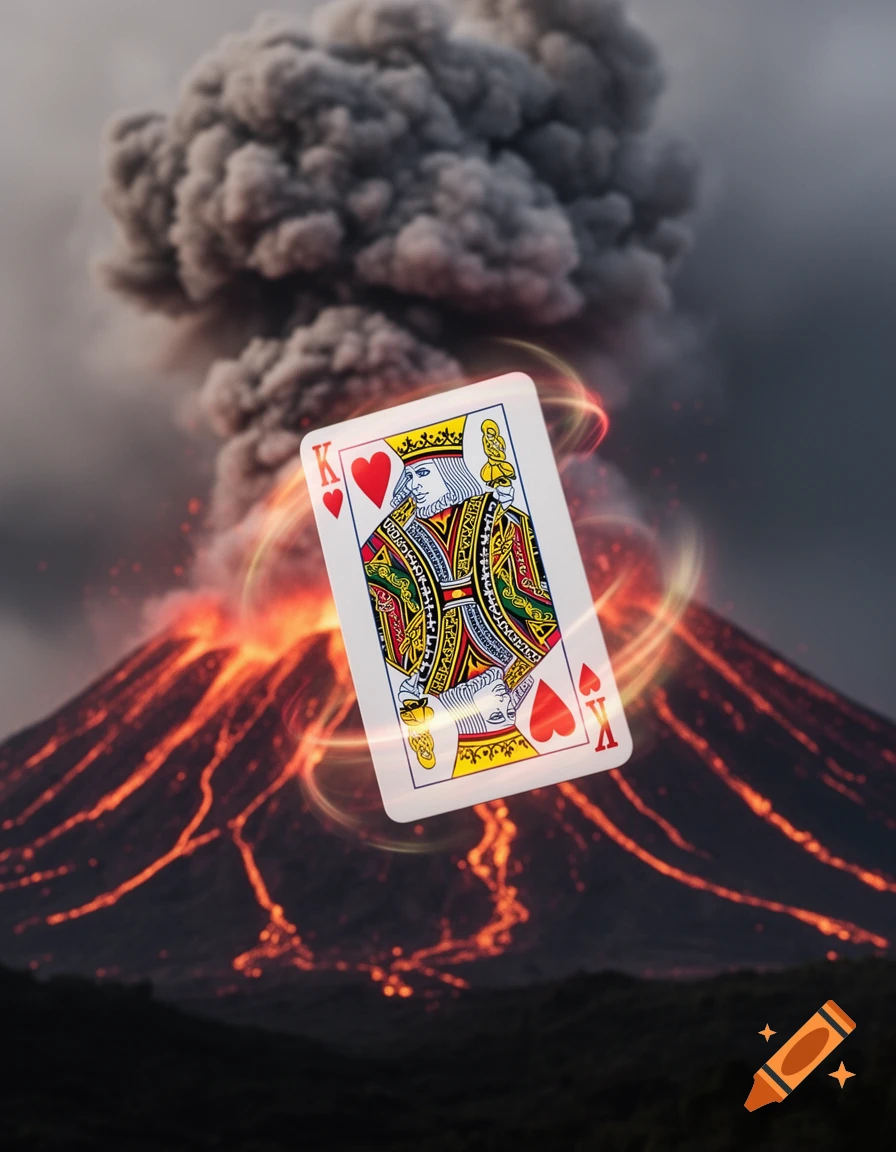 A King of Hearts playing card floats in front of an erupting volcano with glowing lava and a large ash cloud.