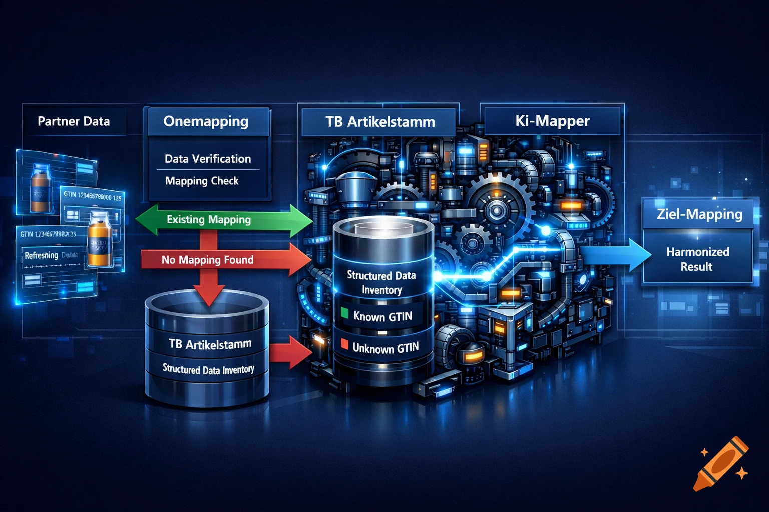 A futuristic digital process diagram showing data flow in dark blue and ...