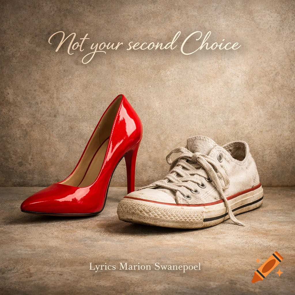 Red patent leather high heel next to a worn white canvas sneaker on a textured surface, with text 'Not your second Choice' and 'Lyrics Marion Swanepoel'.