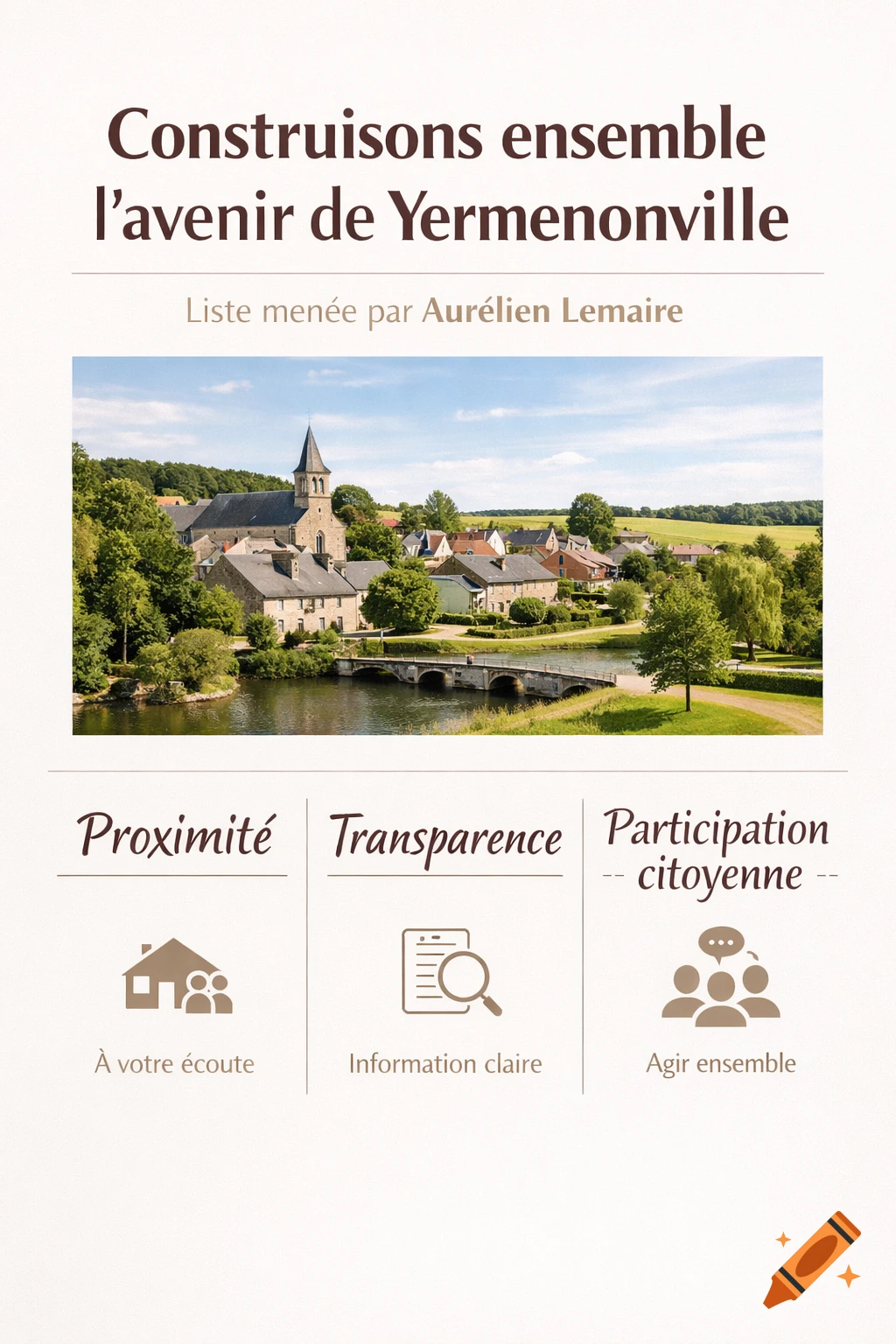 Political flyer with text 'Construisons ensemble l’avenir de Yermenonville' and 'Liste menée par Aurélien Lemaire'. Features a photo of a village with a church and river, and three sections for 'Proximité', 'Transparence', 'Participation citoyenne' with icons.