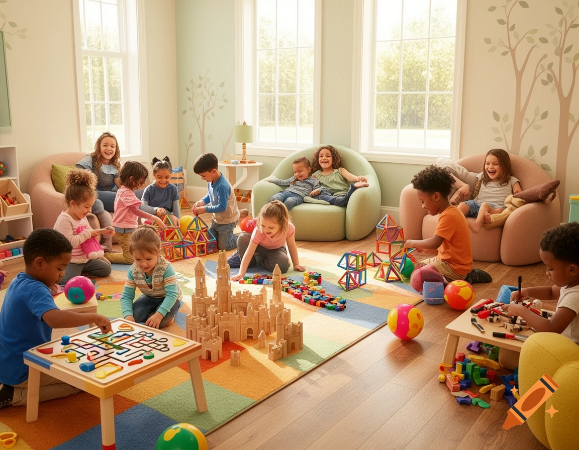 Diverse children happily playing with wooden blocks, magnetic tiles, and a maze board in a bright, inviting playroom with large windows.