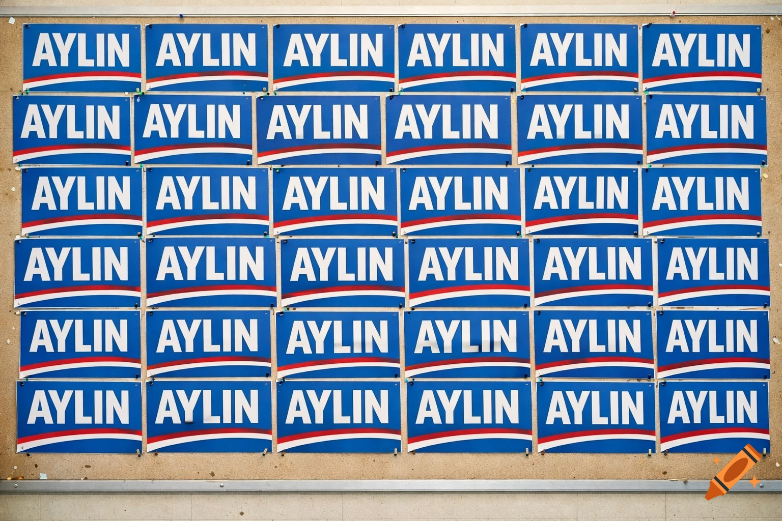 A bulletin board covered with multiple blue campaign posters, each displaying the name 'AYLIN' in white text with red and white stripes.