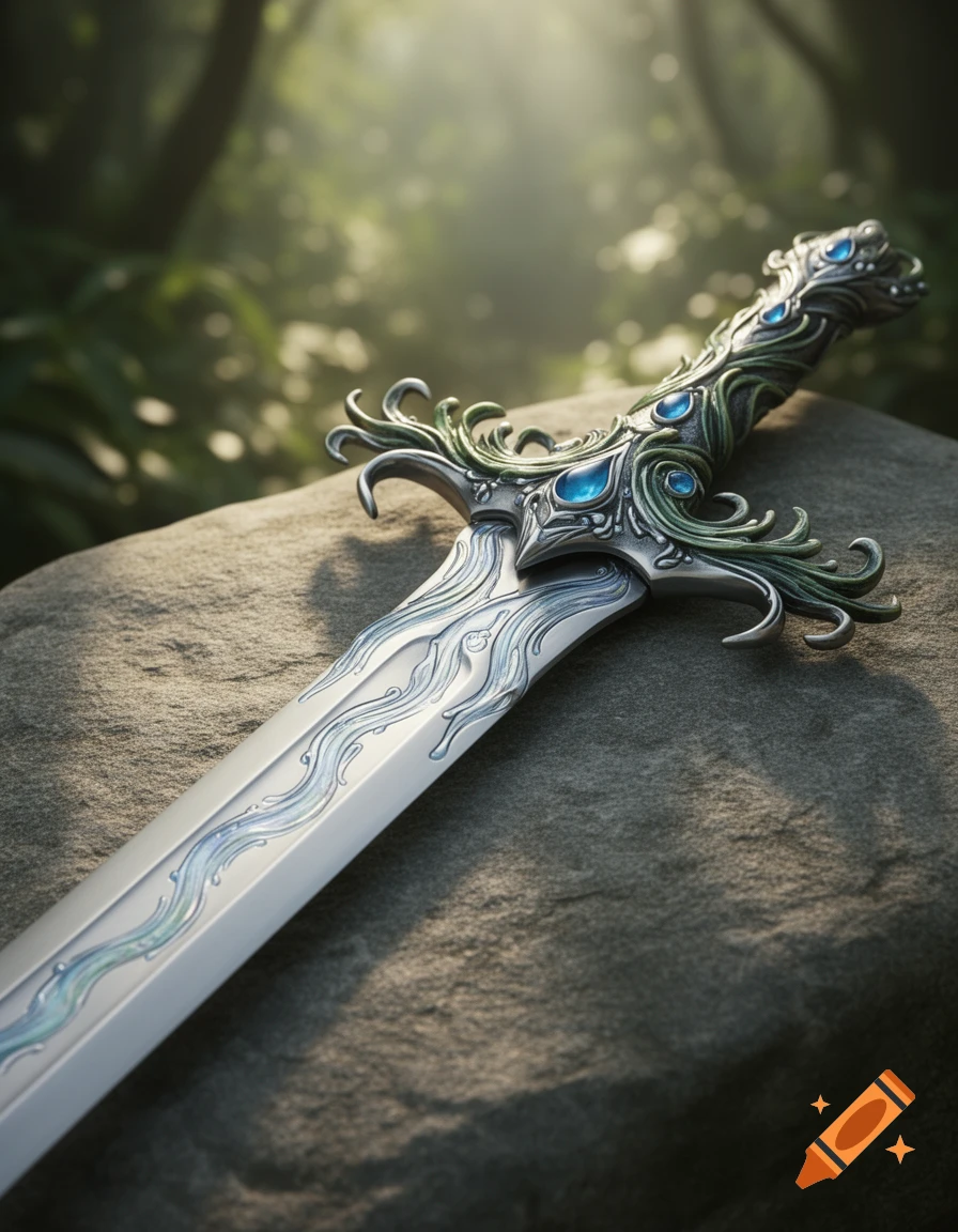 An ornate fantasy sword with a curved hilt adorned with green foliage ...