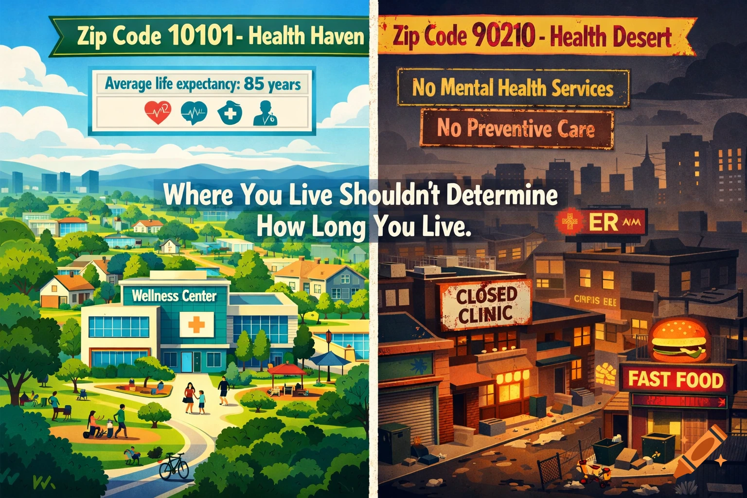An illustration split into two contrasting cityscapes. The left shows a lush 'Health Haven' with a wellness center, green spaces, and text 'Average life expectancy: 85 years'. The right depicts a dilapidated 'Health Desert' with a closed clinic, fast food, and text 'No Mental Health Services', 'No Preventive Care'. A central tagline reads: 'Where You Live Shouldn't Determine How Long You Live.'