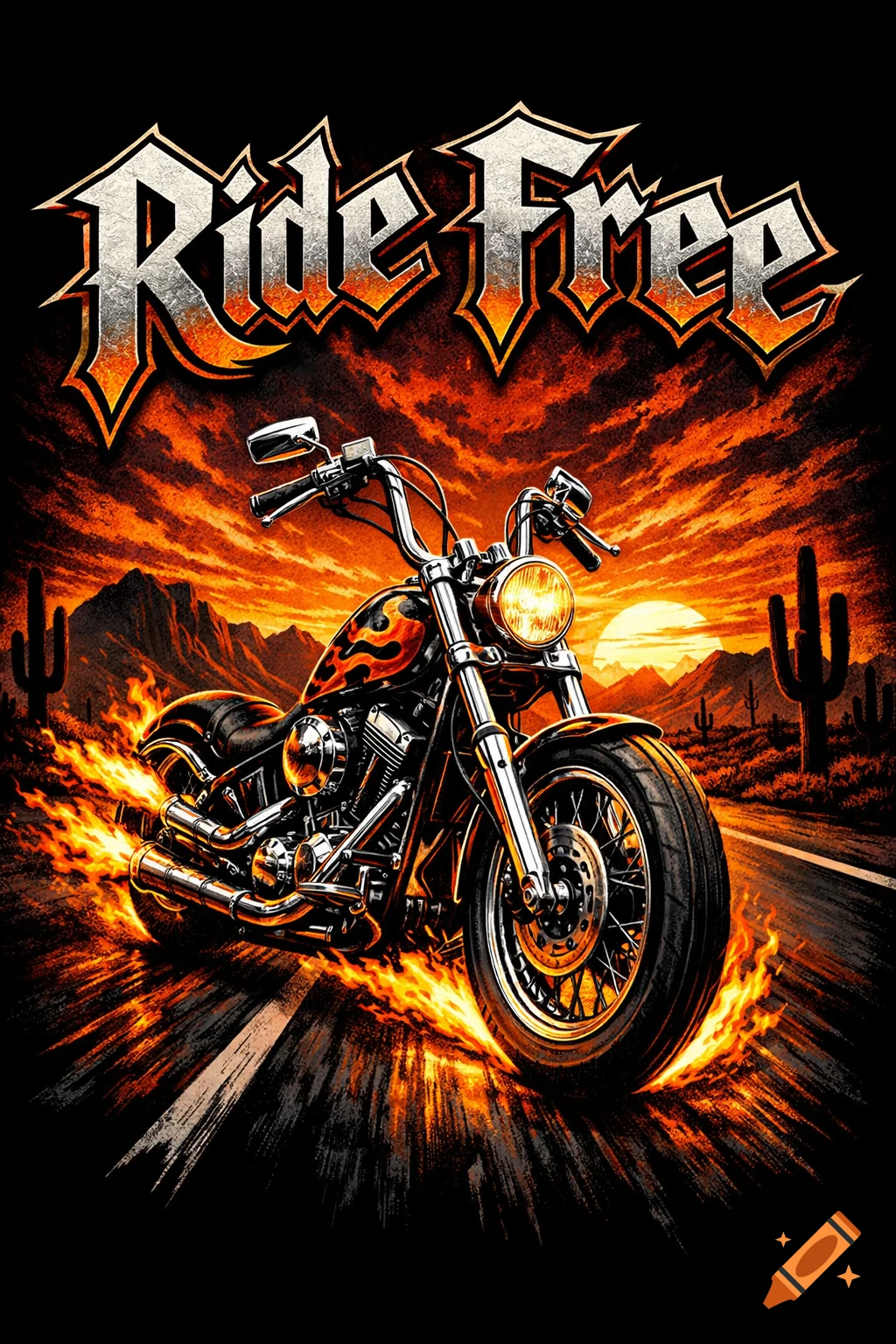 An illustration of a flaming motorcycle on a desert road with mountains and cacti under an orange sky, with the text 'Ride Free' above.