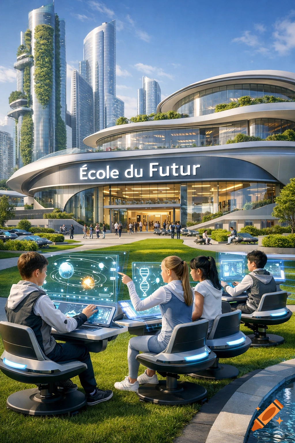 Students interact with holographic displays outside a futuristic school ...