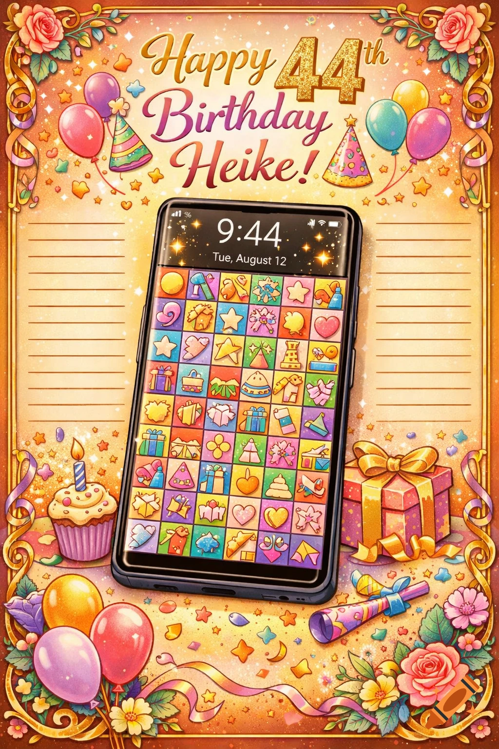 A vibrant birthday card for Heike's 44th birthday, featuring a Google Pixel 9 Pro phone on a glittery background. Balloons, gifts, a cupcake, and decorative flowers frame the card. The phone screen shows a grid of colorful, abstract birthday-themed icons, and the card has lines for names.