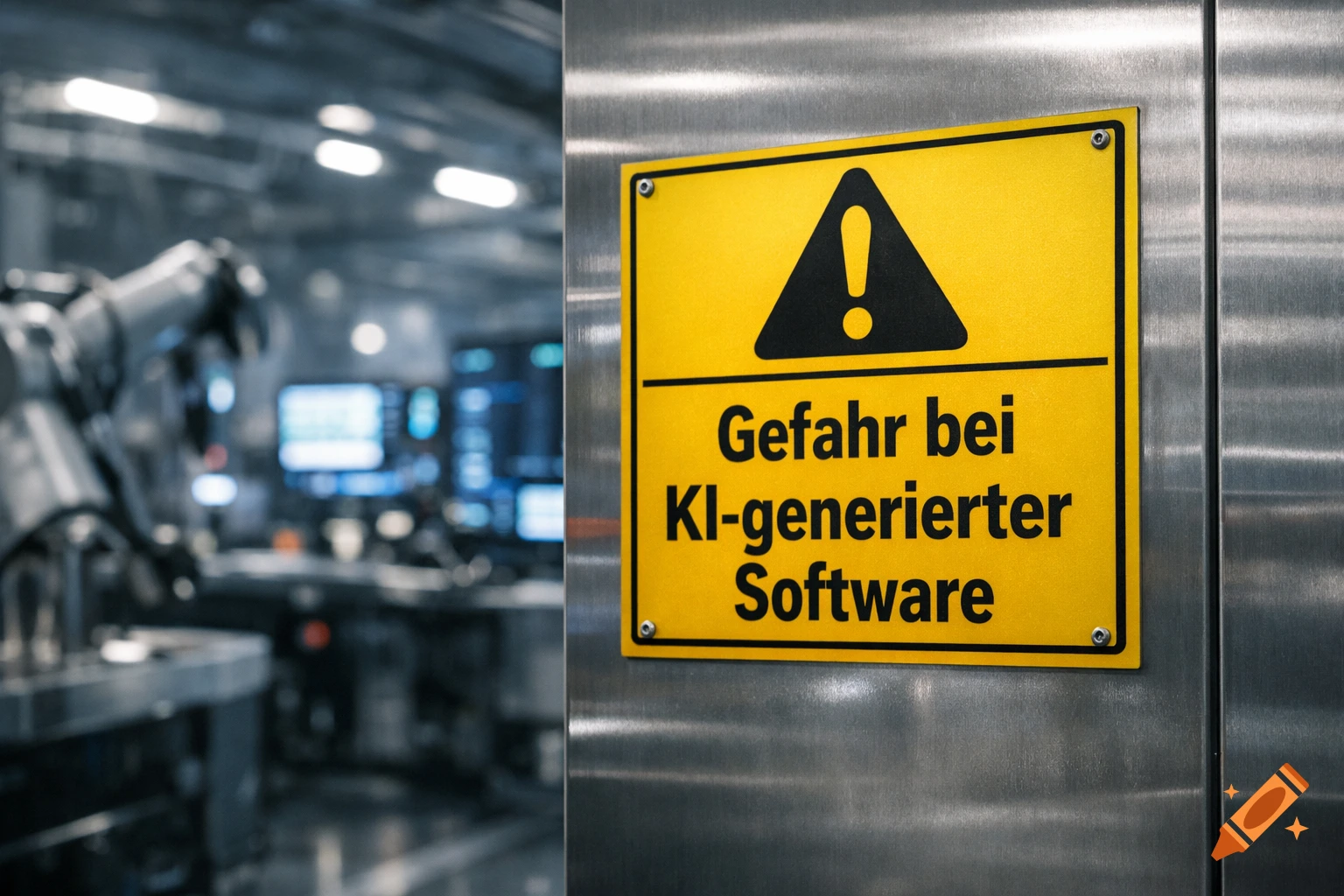 Yellow warning sign 'Gefahr bei KI-generierter Software' (Danger with AI-generated software) on metal in a blurred industrial background.