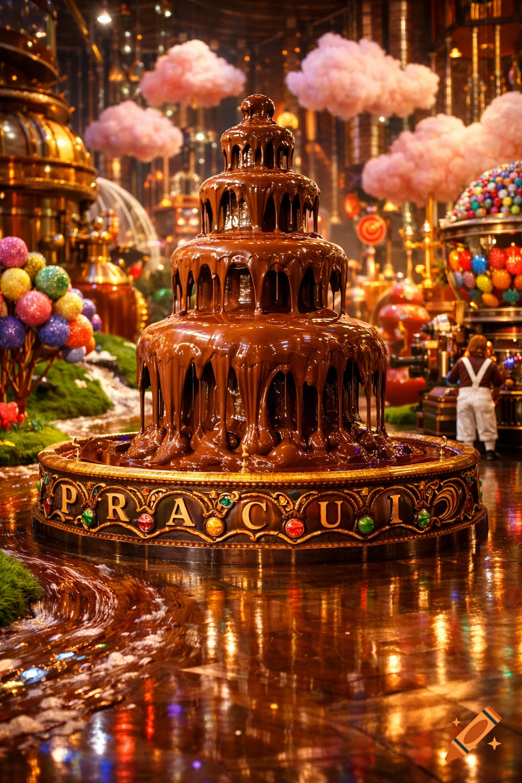 A majestic tiered chocolate fountain with melting chocolate, surrounded by a whimsical candy factory scene with pink clouds and colorful treats.