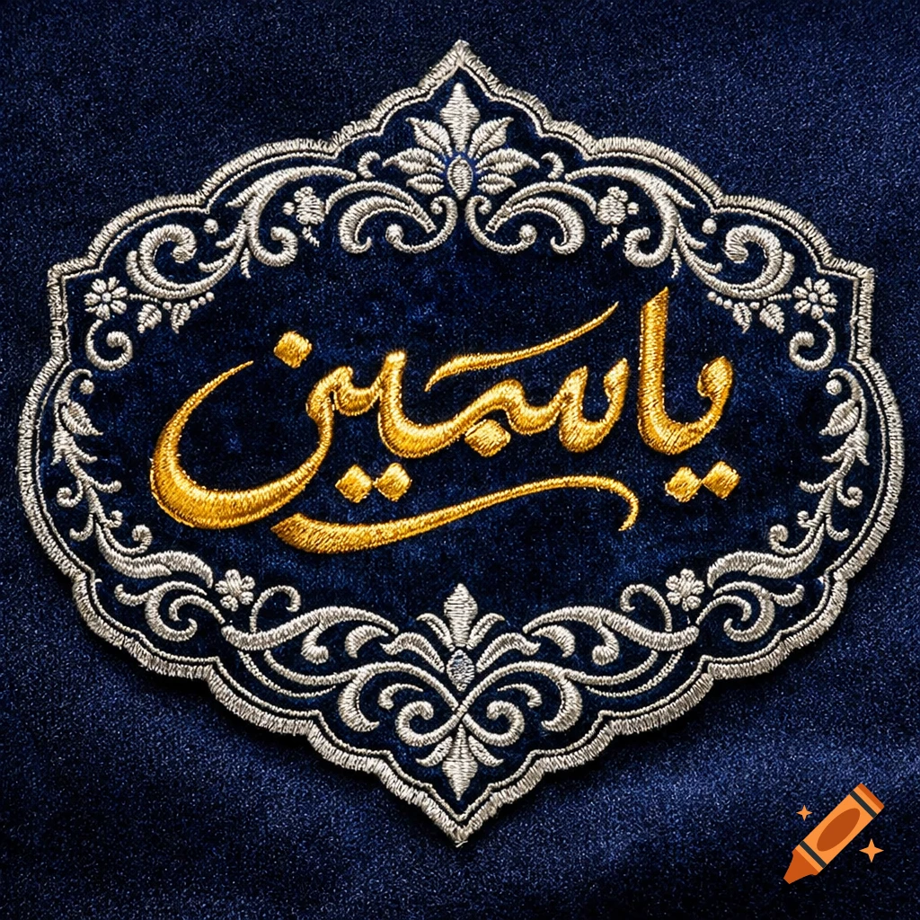 An ornate embroidered blue velvet label with the name 'Yasmin' in golden Arabic calligraphy, surrounded by silver floral patterns.