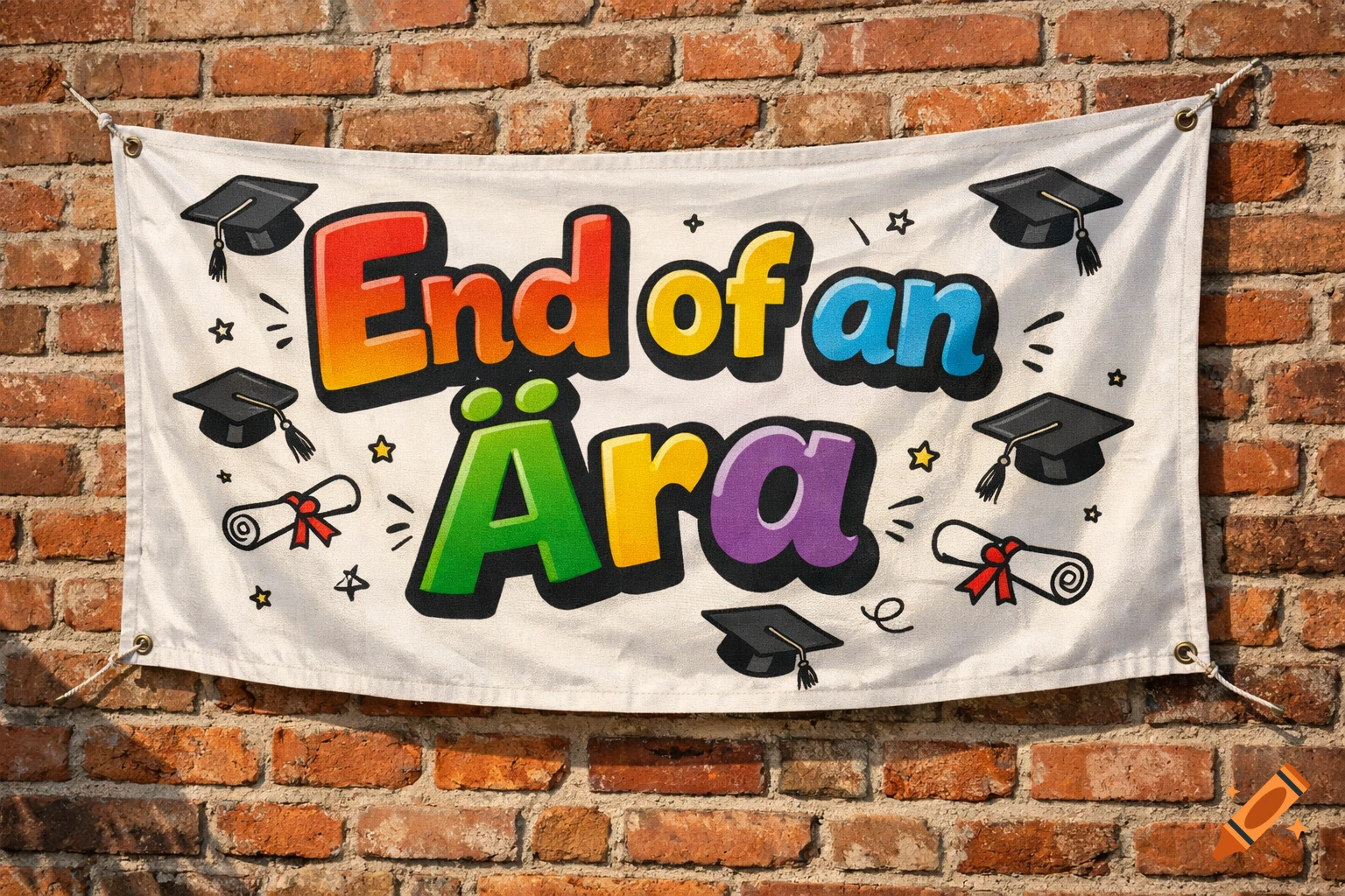 A white banner with colorful text "End of an Ära" and illustrations of graduation caps, diplomas, and stars, hanging on a brick wall.