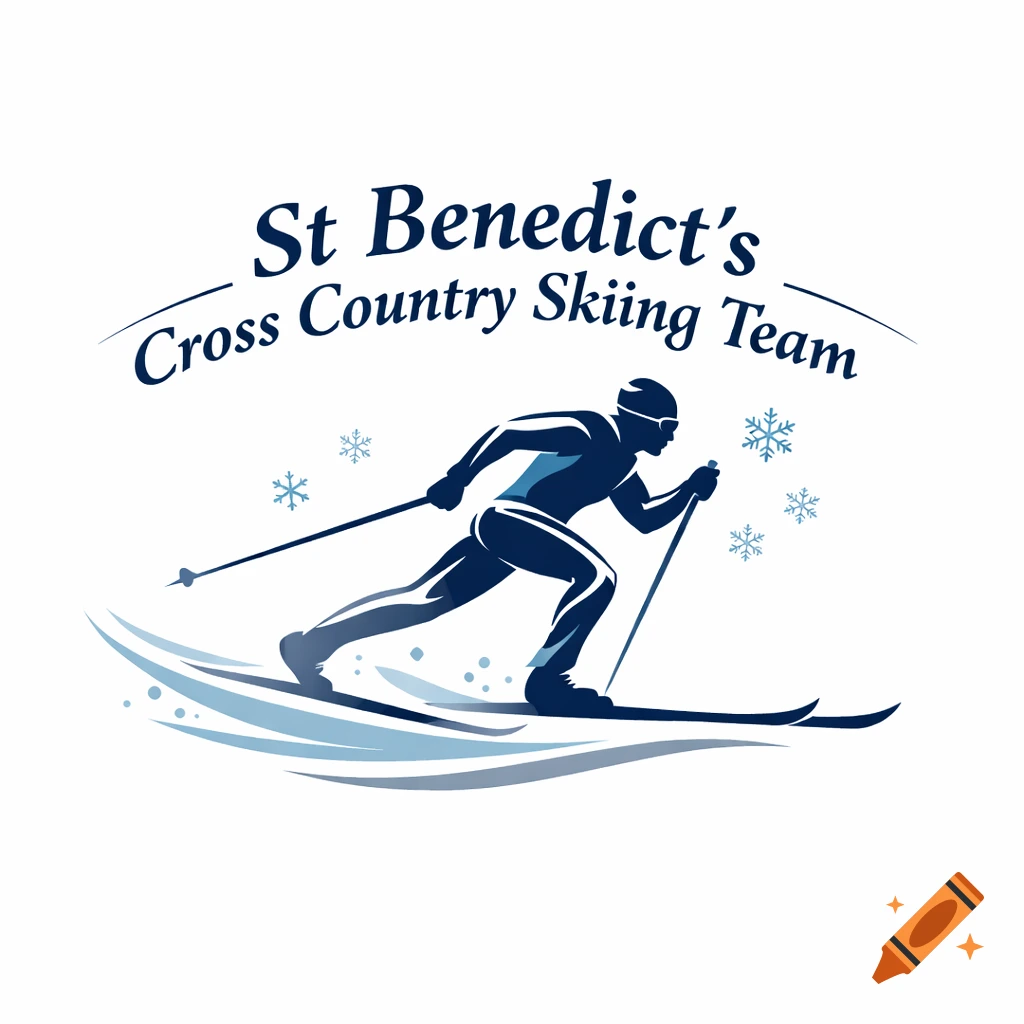 A logo for St Benedict's Cross Country Skiing Team, featuring a stylized blue skier silhouette on white.