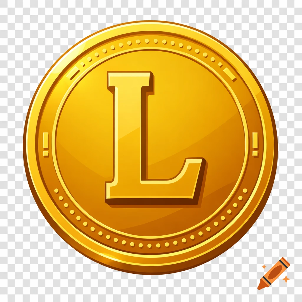 A golden coin featuring a large, stylized capital letter L in its center, set against a transparent background.