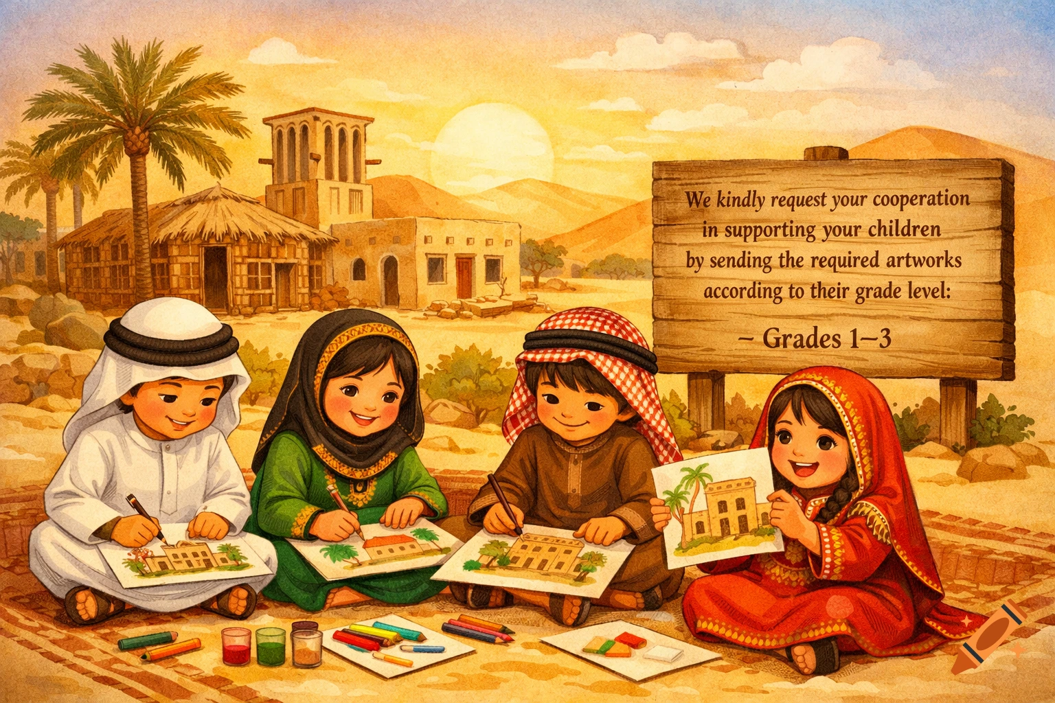 Four Middle Eastern children in traditional dress draw and show off pictures of traditional houses in a desert landscape at sunset, in a watercolor style.