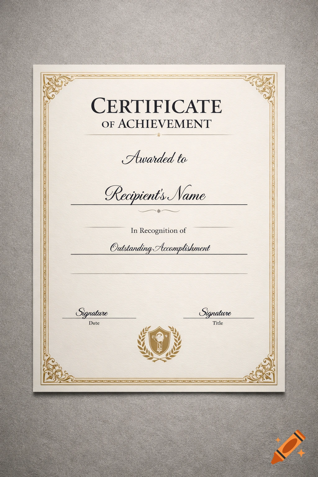 A blank certificate of achievement with a decorative gold border and placeholder text.