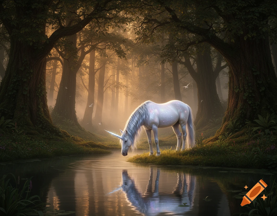 A majestic white unicorn with a glowing horn drinks water from a ...