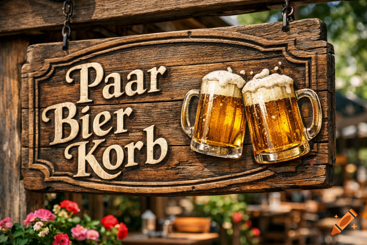 Photorealistic wooden sign for a German outdoor dining area, reading 'Paar Bier Korb' and depicting two frothy beer mugs.