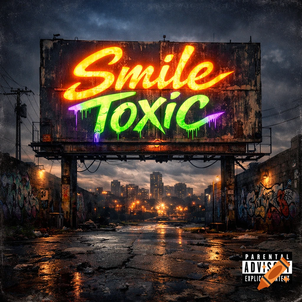 A gritty urban night scene with a neon billboard displaying "Smile Toxic" above a cracked, wet street, with city lights and graffiti in the background.