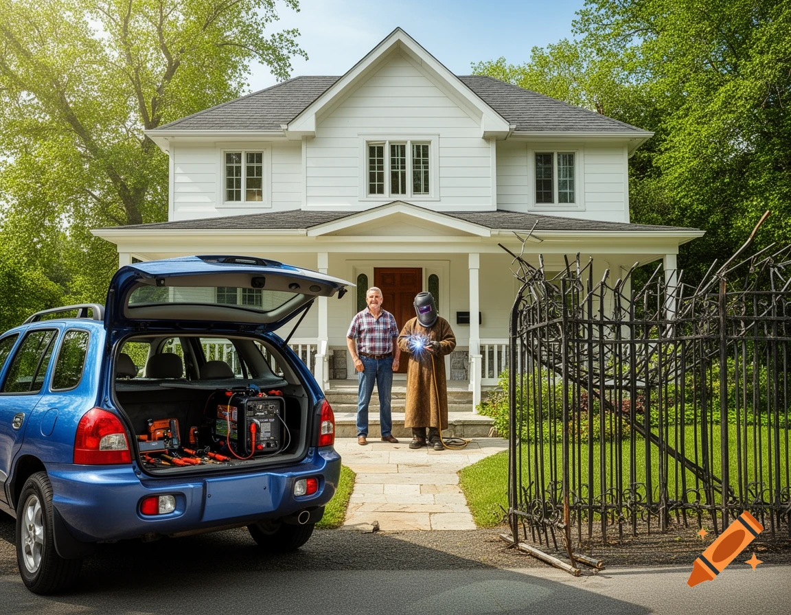A homeowner stands with a welder in front of a white house, next to a blue SUV with an open trunk showing tools and a broken iron fence.