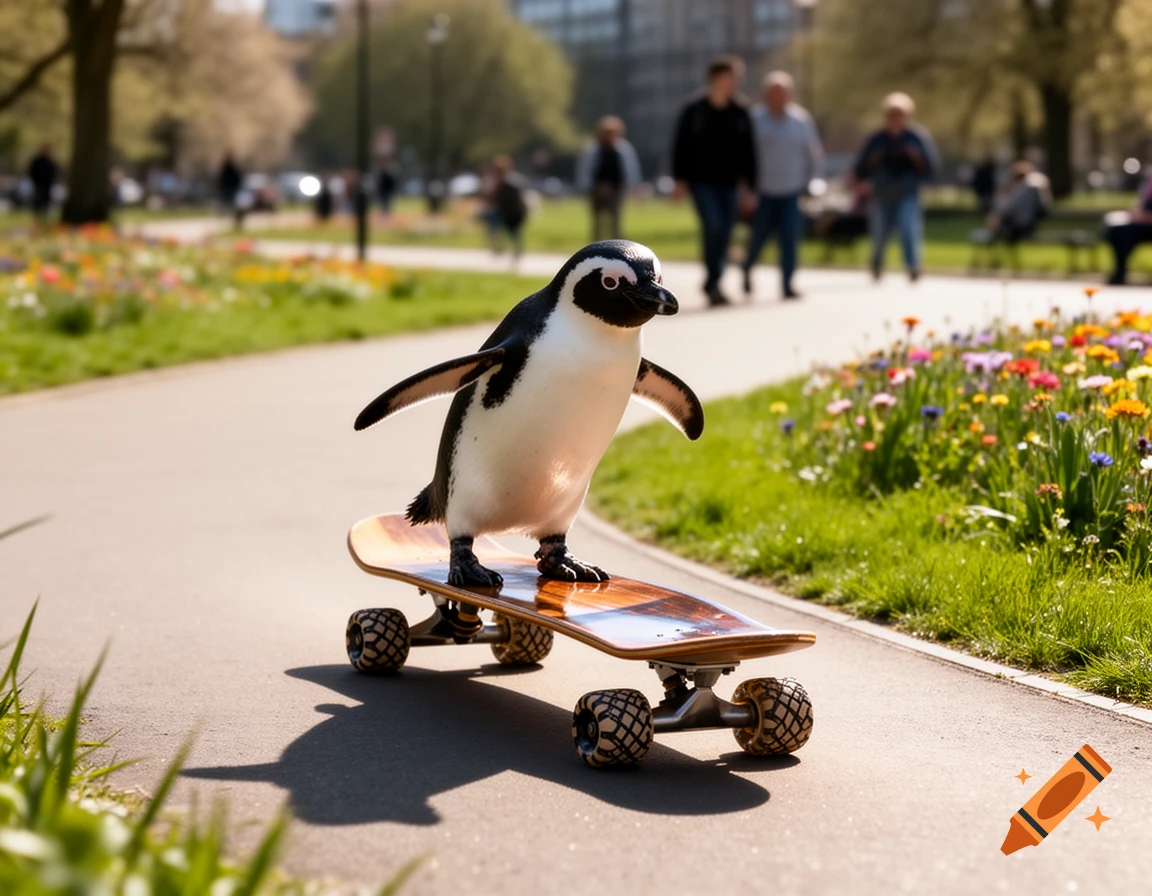 A photorealistic penguin balances on a skateboard on a sunny park path, with flowers and blurred people in the background.