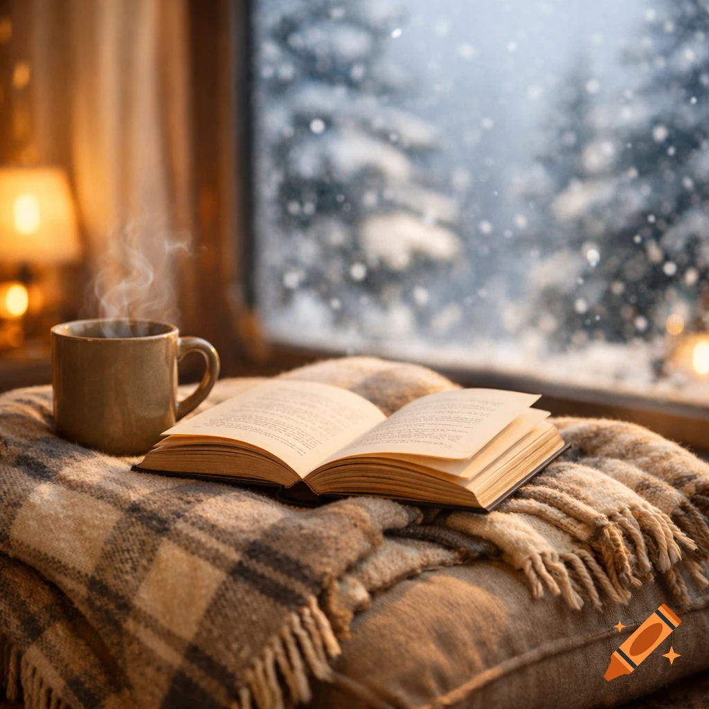 A steaming mug and an open book rest on a plaid blanket, with a snowy winter forest visible through a window.