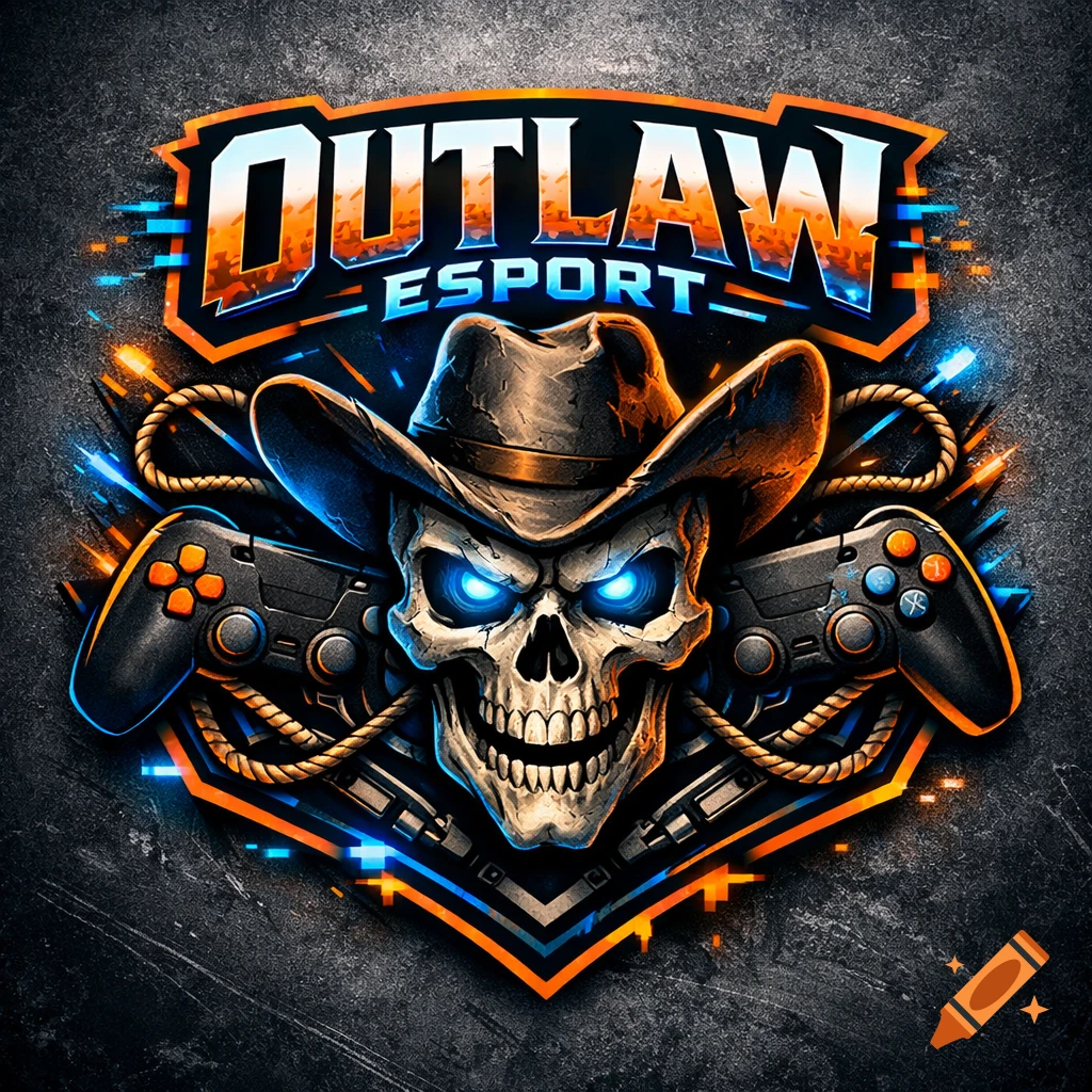 A stylized esports logo featuring a skull in a cowboy hat with glowing blue eyes, two game controllers, and 'OUTLAW ESPORT' text.