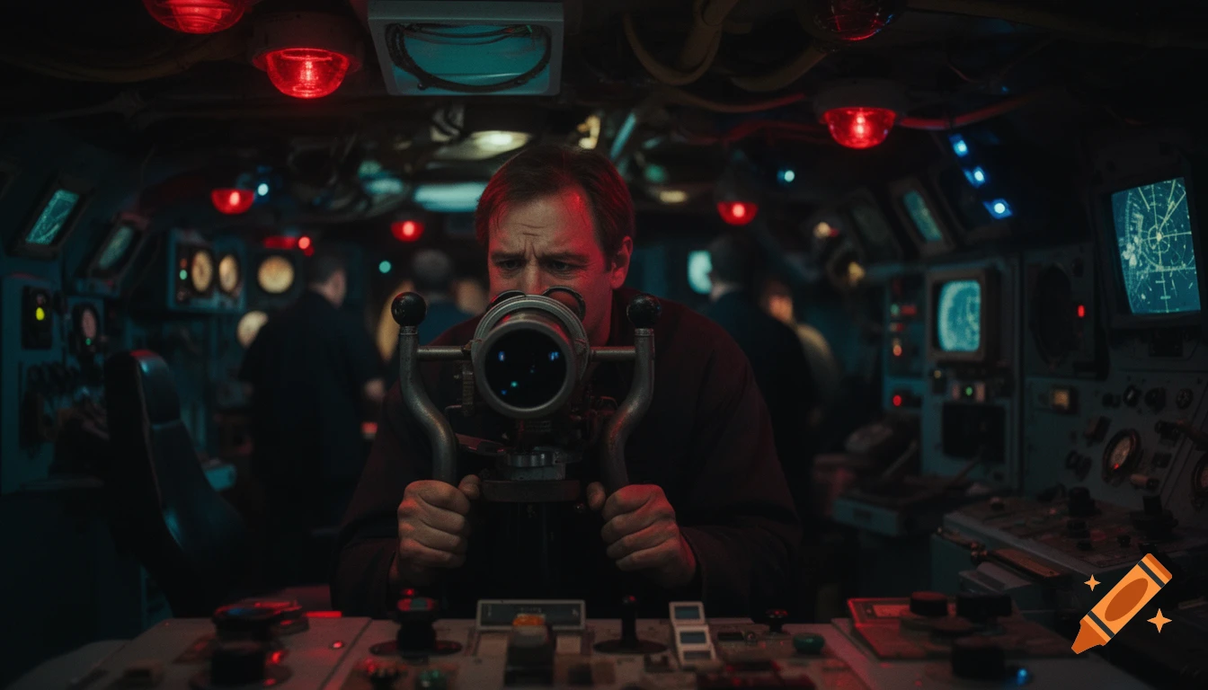 A man intensely looks through a periscope in a dimly lit submarine control room filled with screens and red lights. Photorealistic.