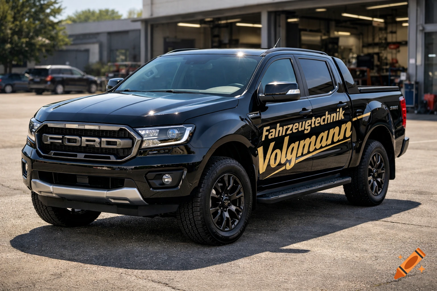 Black Ford Ranger pickup truck with gold 'Fahrzeugtechnik Volgmann' lettering on its side, parked on asphalt in front of a garage.