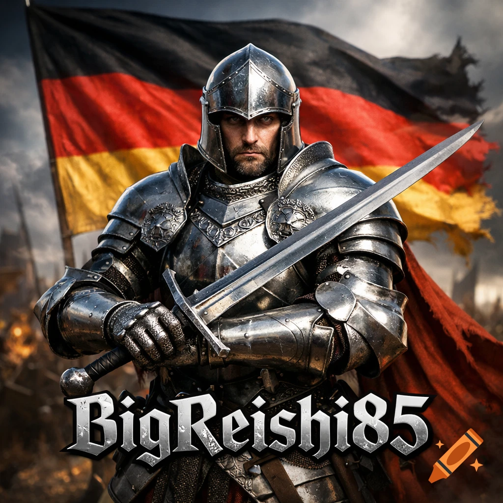 A photorealistic knight in silver armor with a stern face holds a longsword in front of a tattered German flag. The text BigReishi85 is at the bottom.
