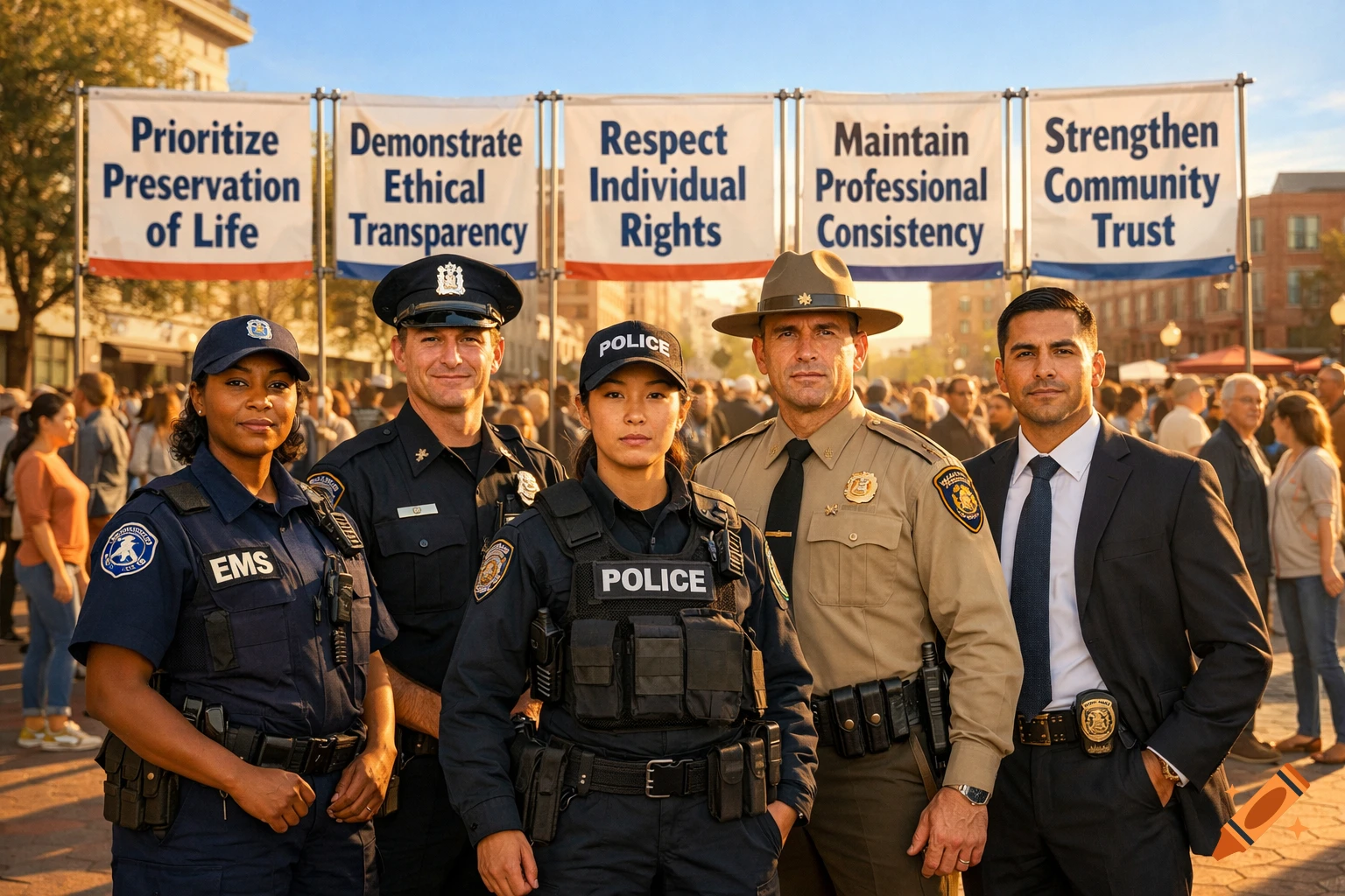 A diverse group of law enforcement officers and a man in a suit stand before banners with text like "Prioritize Preservation of Life" in a sunny urban setting.