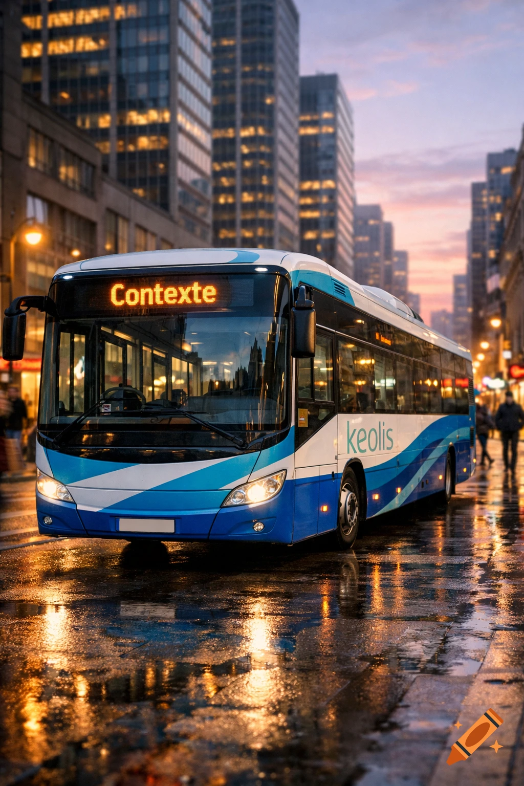 A blue and white Keolis bus with 'Contexte' on its display, on a wet city street at dusk, with illuminated buildings.
