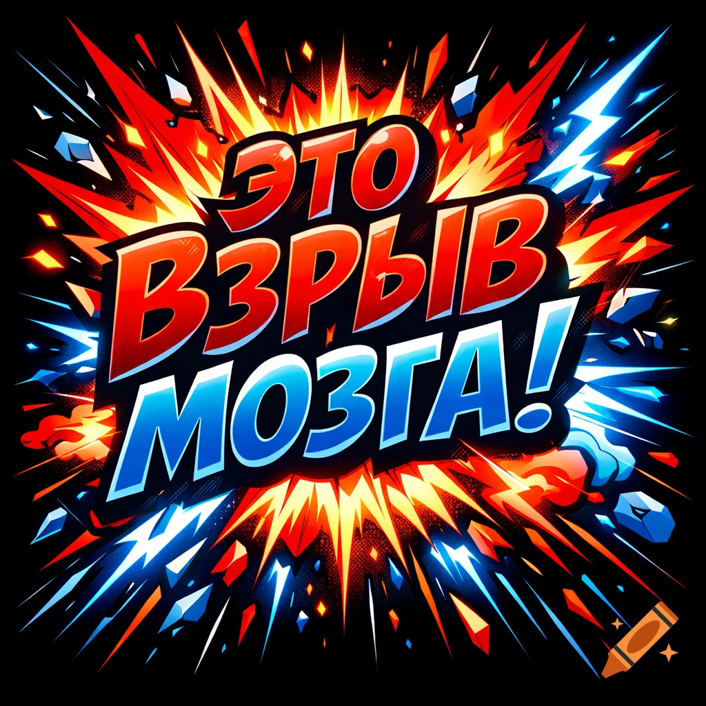 Bold red and blue text 'ЭТО ВЗРЫВ МОЗГА!' (THIS IS A BRAIN EXPLOSION!) surrounded by a comic book style explosion on a black background.